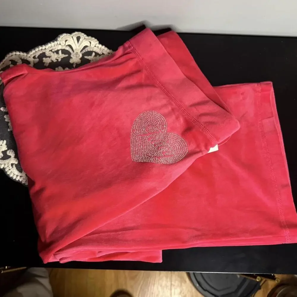 Juicy Couture Pink Velour Rhinestone Heart Tracksuit Set Hoodie Pants L NWT